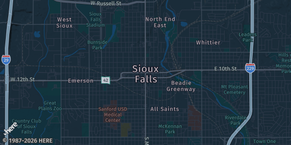 Map of Sioux Falls, SD. The exact address of Sioux Falls Convention Center is not known, so the map shows the area rather than a specific building.
