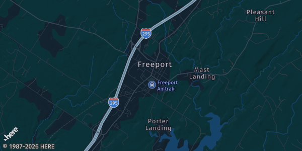 Map of Freeport, ME. The exact address of Mast Landing is not known, so the map shows the area rather than a specific building.