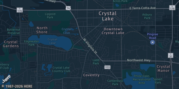 Map of Crystal Lake, IL. The exact address of ELARA Convention Center is not known, so the map shows the area rather than a specific building.