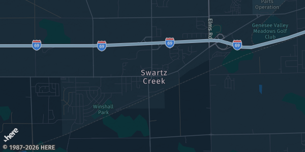 Map of Swartz Creek, MI. The exact address of The Cage Fieldhouse is not known, so the map shows the area rather than a specific building.