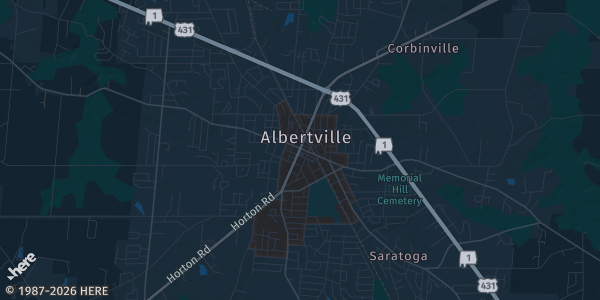 Map of Albertville, AL. The exact address of Sand Mountain Park is not known, so the map shows the area rather than a specific building.
