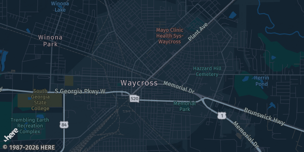 Map of Waycross, GA. The exact address of The Exchange Club Waycross Fairgrounds is not known, so the map shows the area rather than a specific building.