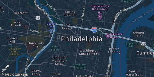 Map of Philadelphia, PA. The exact address of Mvmnt is not known, so the map shows the area rather than a specific building.