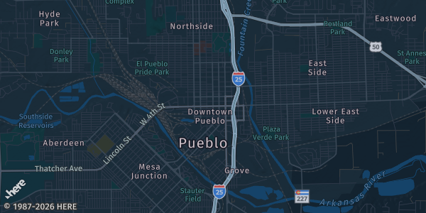 Map of Pueblo, CO. The exact address of State Fairgrounds Colorado Bldg is not known, so the map shows the area rather than a specific building.