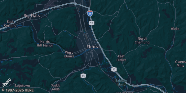 Map of Elmira, NY. The exact address of Elmira Heights American Legion Post 154 is not known, so the map shows the area rather than a specific building.