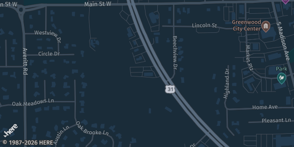 Map showing American Legion Post 252 in Greenwood, IN.