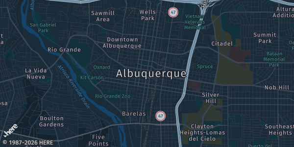 Map of Albuquerque, NM. The exact address of Southwest Comic Book & Creator Showcase is not known, so the map shows the area rather than a specific building.