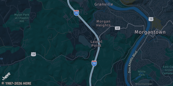 Map of Morgantown, WV. The exact address of Sports Card and Collectible Show is not known, so the map shows the area rather than a specific building.