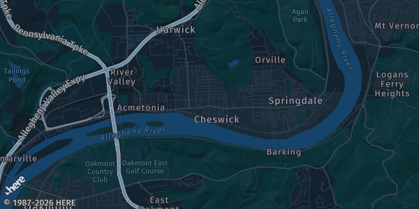 Map of Cheswick, PA. The exact address of Pittsburgh Indoor Sports Arena is not known, so the map shows the area rather than a specific building.