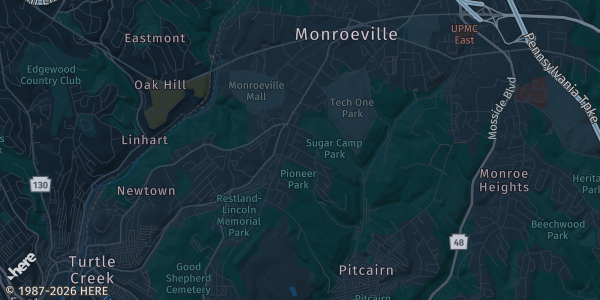 Map of Monroeville, PA. The exact address of Monroeville Mall is not known, so the map shows the area rather than a specific building.