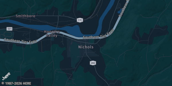 Map of Nichols, NY. The exact address of Tioga Downs Casino Resort is not known, so the map shows the area rather than a specific building.