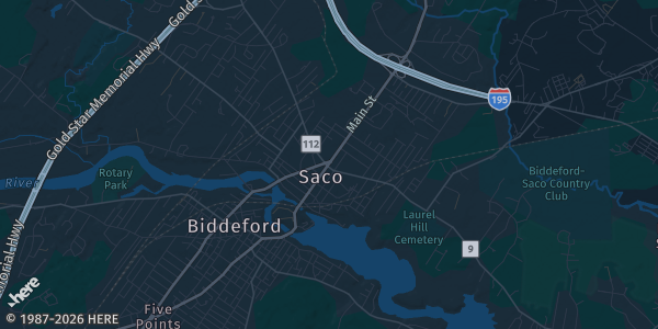 Map of Saco, ME. The exact address of Saco Elks Club is not known, so the map shows the area rather than a specific building.