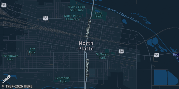 Map of North Platte, NE. The exact address of First Lutheran Church Gym is not known, so the map shows the area rather than a specific building.