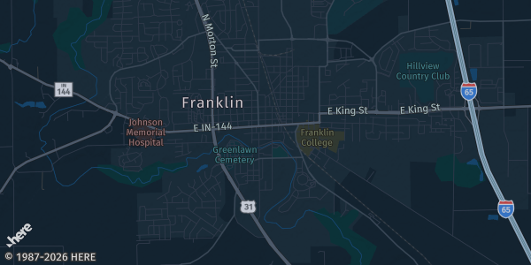 Map of Franklin, IN. The exact address of Johnson County Shrine Club is not known, so the map shows the area rather than a specific building.