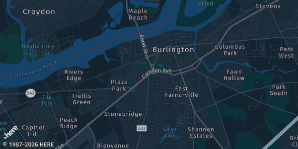 Map of Burlington, NJ. The exact address of Burlington Masonic Temple #32 is not known, so the map shows the area rather than a specific building.