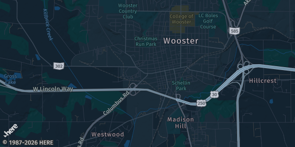 Map of Wooster, OH. The exact address of Church of the Savior is not known, so the map shows the area rather than a specific building.