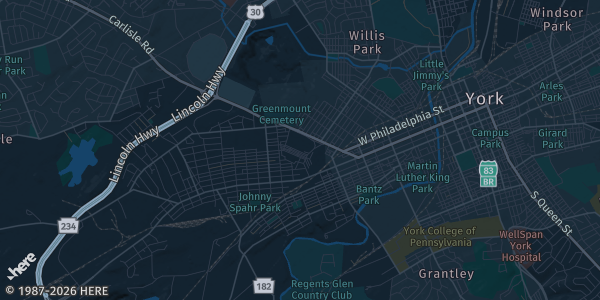 Map of York, PA. The exact address of Sports Cards is not known, so the map shows the area rather than a specific building.