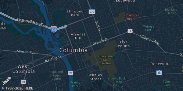 Map of Columbia, SC. The exact address of Columbia Metropolitan Convention Center is not known, so the map shows the area rather than a specific building.