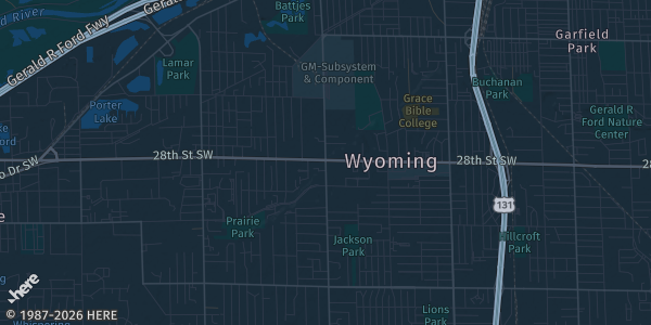 Map of Wyoming, MI. The exact address of Rivertown Crossing Mall is not known, so the map shows the area rather than a specific building.