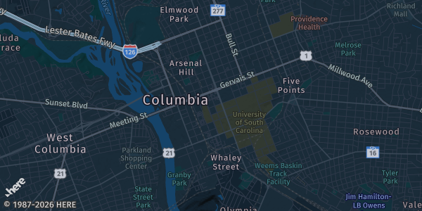 Map of Columbia, SC. The exact address of Sports Cards and Collectible Show is not known, so the map shows the area rather than a specific building.