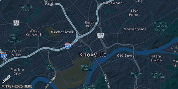 Map of Knoxville, TN. The exact address of Hilton Garden Inn is not known, so the map shows the area rather than a specific building.