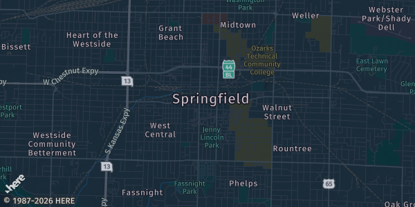 Map of Springfield, MO. The exact address of Battlefield Mall is not known, so the map shows the area rather than a specific building.