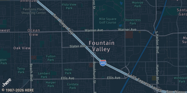 Map of Fountain Valley, CA. The exact address of Fountain Valley Sports Basement is not known, so the map shows the area rather than a specific building.