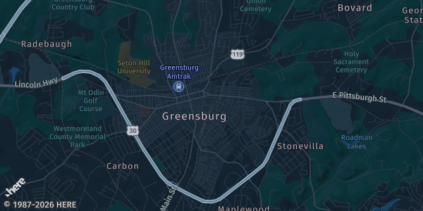 Map of Greenburg, PA. The exact address of Westmoreland Mall is not known, so the map shows the area rather than a specific building.