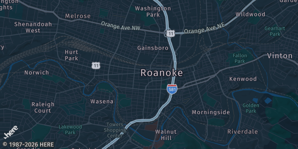 Map of Roanoke, VA. The exact address of Tanglewood Mall is not known, so the map shows the area rather than a specific building.