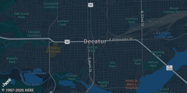 Map of Decatur, IL. The exact address of VWF Post 99 is not known, so the map shows the area rather than a specific building.
