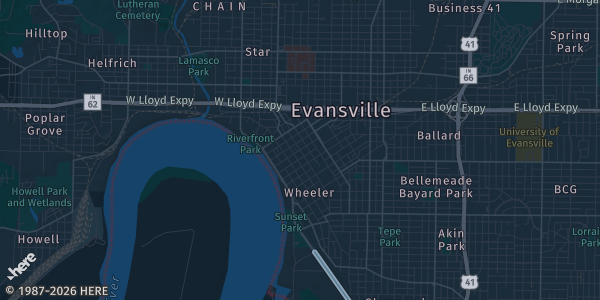 Map of Evansville, IN. The exact address of City View at Sterling Square is not known, so the map shows the area rather than a specific building.