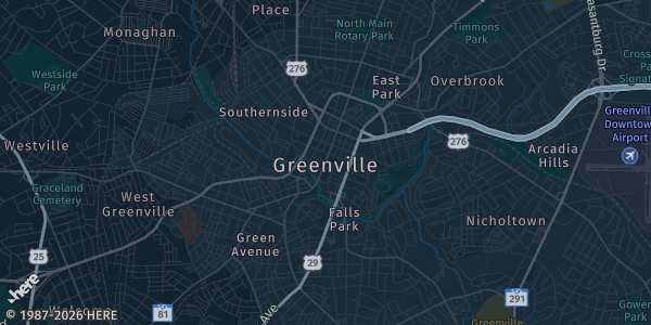 Map of Greenville, SC. The exact address of Haywood Mall is not known, so the map shows the area rather than a specific building.