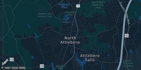 Map of North Attleboro, MA. The exact address of Emerald Square Mall is not known, so the map shows the area rather than a specific building.