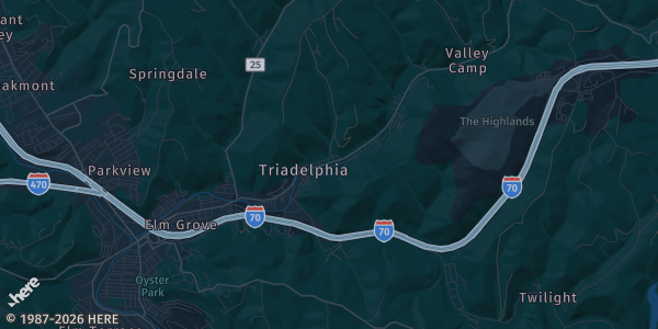 Map of Triadelphia, WV. The exact address of Highland Sports Complex is not known, so the map shows the area rather than a specific building.