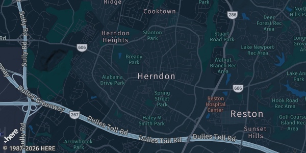 Map of Herndon, VA. The exact address of Washington Dulles Marriott Suites is not known, so the map shows the area rather than a specific building.