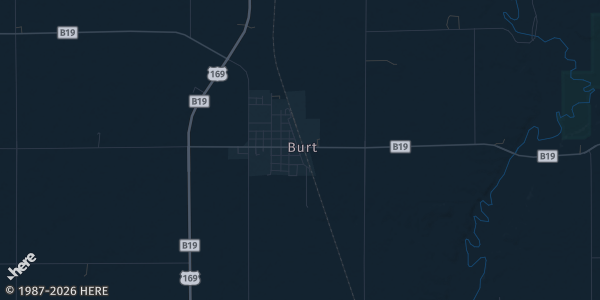 Map of Burt, IA. The exact address of Burt Complex is not known, so the map shows the area rather than a specific building.
