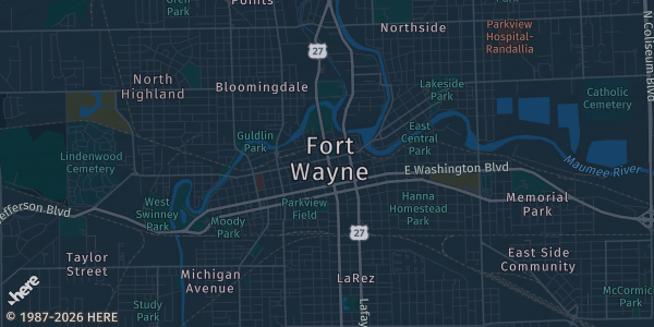 Map of Ft Wayne, IN. The exact address of Holiday Inn Purdue is not known, so the map shows the area rather than a specific building.