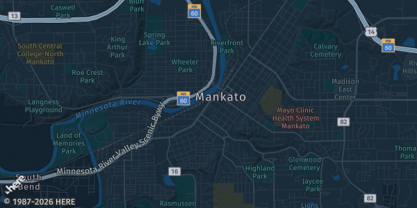 Map of Mankato, MN. The exact address of River Hills Mall is not known, so the map shows the area rather than a specific building.