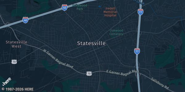 Map of Statesville, NC. The exact address of Statesville Civic Center is not known, so the map shows the area rather than a specific building.