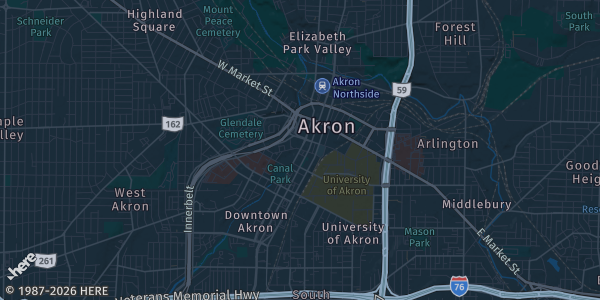 Map of Akron, OH. The exact address of Steel Valley Pokemon and TCG Show is not known, so the map shows the area rather than a specific building.