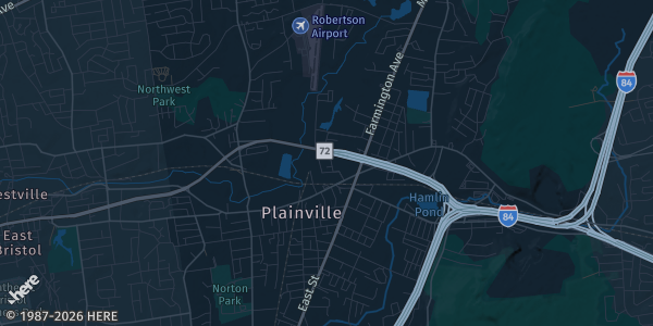 Map of Plainville, CT. The exact address of Summit Card Show is not known, so the map shows the area rather than a specific building.