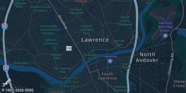 Map of Lawrence, MA. The exact address of Lawrence Elks Lodge #65 is not known, so the map shows the area rather than a specific building.