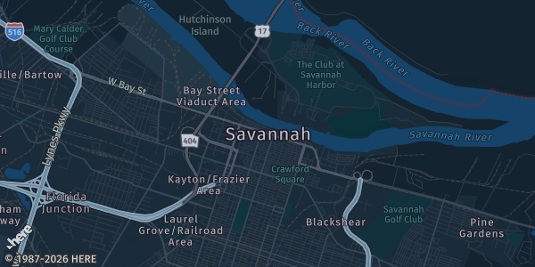 Map of Savannah, GA. The exact address of Savannah Convention Center is not known, so the map shows the area rather than a specific building.