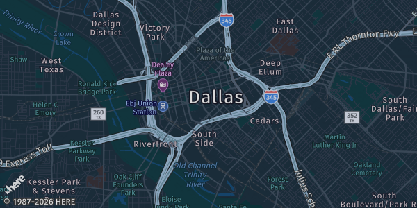 Map of Dallas, TX. The exact address of Dallas Market Hall is not known, so the map shows the area rather than a specific building.
