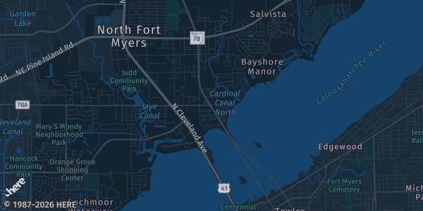 Map of North Fort Myers, FL. The exact address of Pondella Bingo is not known, so the map shows the area rather than a specific building.