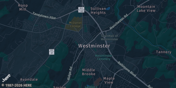Map of Westminster, MD. The exact address of TCC Event Center Sports Card And TCG Show is not known, so the map shows the area rather than a specific building.