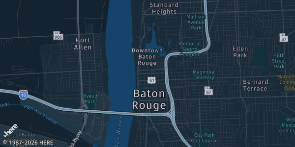 Map of Baton Rouge, LA. The exact address of Holiday Inn is not known, so the map shows the area rather than a specific building.