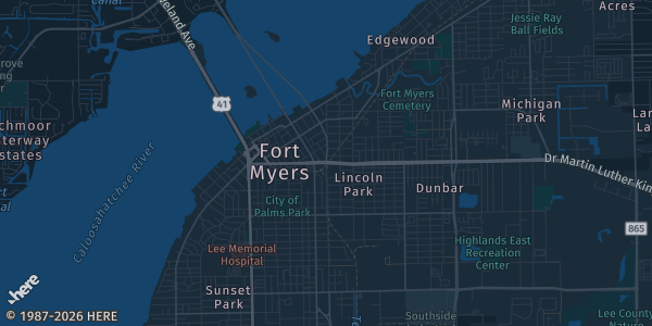 Map of Fort Myers, FL. The exact address of TCG-Kon Fort Myers is not known, so the map shows the area rather than a specific building.
