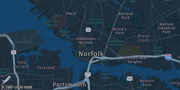 Map of Norfolk, VA. The exact address of TCG-Kon Norfolk is not known, so the map shows the area rather than a specific building.