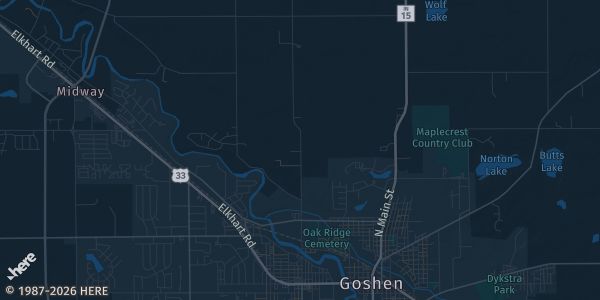 Map of Elkhart, IN. The exact address of Elkhart Moose Lodge 599 is not known, so the map shows the area rather than a specific building.